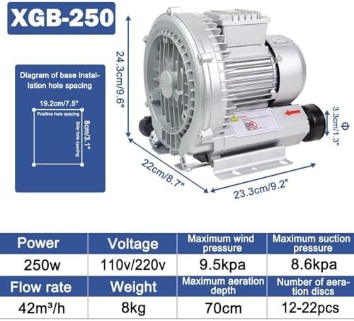 50Hz 220V Single Phase Regenerative Blower, High Efficiency Vortex Ring Blower for Waste Water Aeration, Fish Pond and Aquarium, 370W 0.50HP