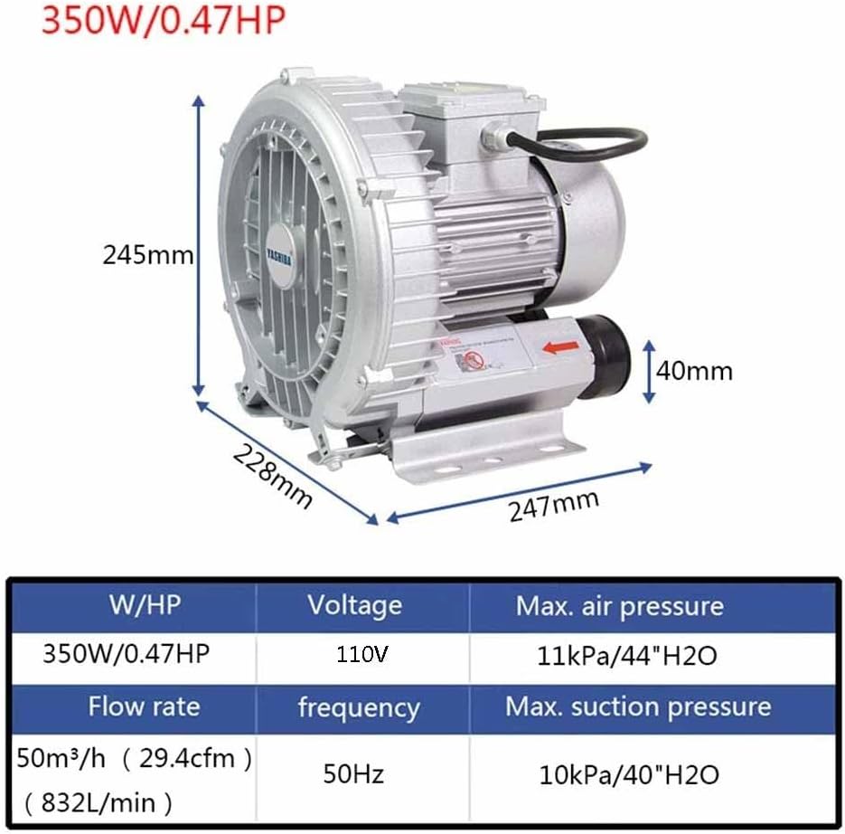 Regenerative Blower 0.5HP 110V Single Phase Aluminum Alloy High-Pressure Vortex Ring Blower Industrial Vacuum Pump for Air Blowing