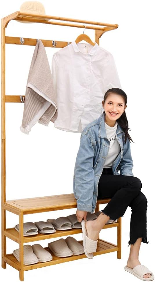 Generic Clothes Rack with Shoe Stand, Multi-Purpose Freestanding Garment Rack with Double Rail and Bench, for Boxes Shoes Boots, for Entryway Hallway/a/60Cm