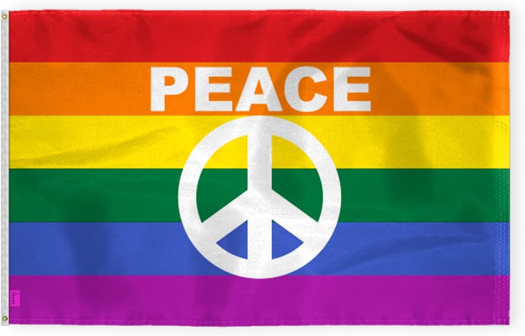 AGAS Large Rainbow Peace Sign Pride Flag 6x10 Ft - Printed 200D Nylon - Brass Grommets Stitched Edges - Peace Symbol Pride Banner for Indoor/Outdoor