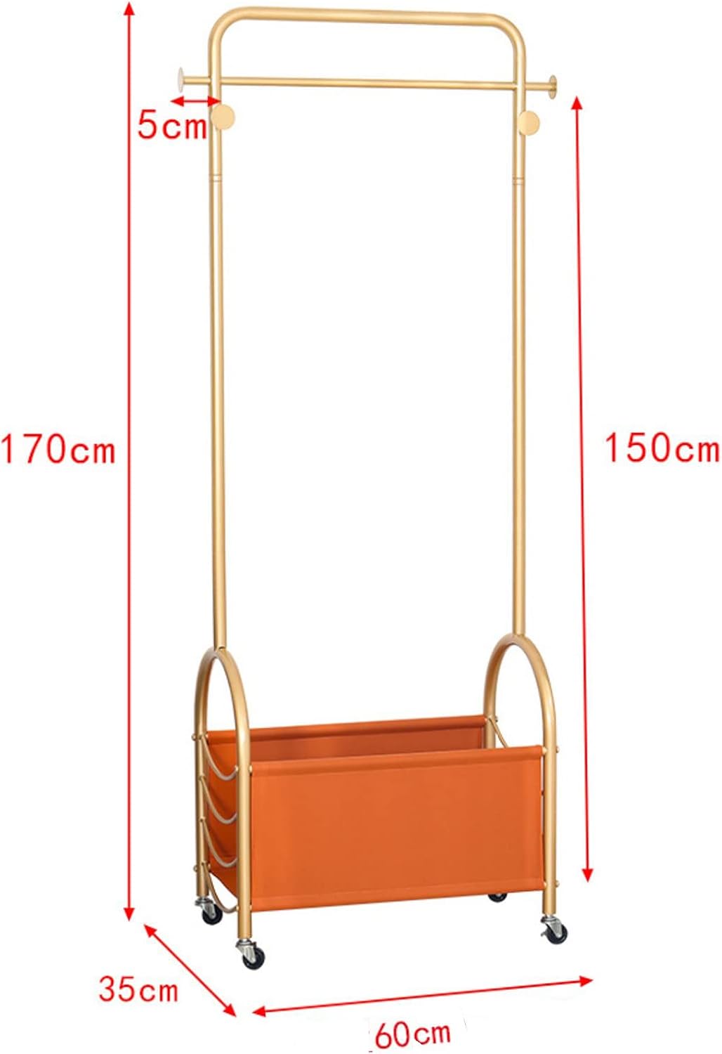 Heavy duty Garment rack Gold Metal Clothing Rack For Hanging Clothes With 7 Hooks, Freestanding Rolling Coat Rack With PU Storage Basket, Clothes Organizer Storage On Wheels For Laundry Hallway Bedro
