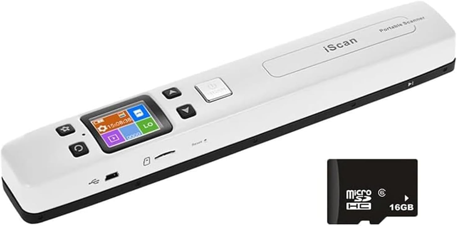 WiFi Portable Handheld Color Photo Scanner for A4 Document,Business Card,Books, Receipt,Pictures up to 1050 DPI,Connect Computer Via Built-in WiFi/USB Cable, Needn't Driver,with 16G SD Card (White)