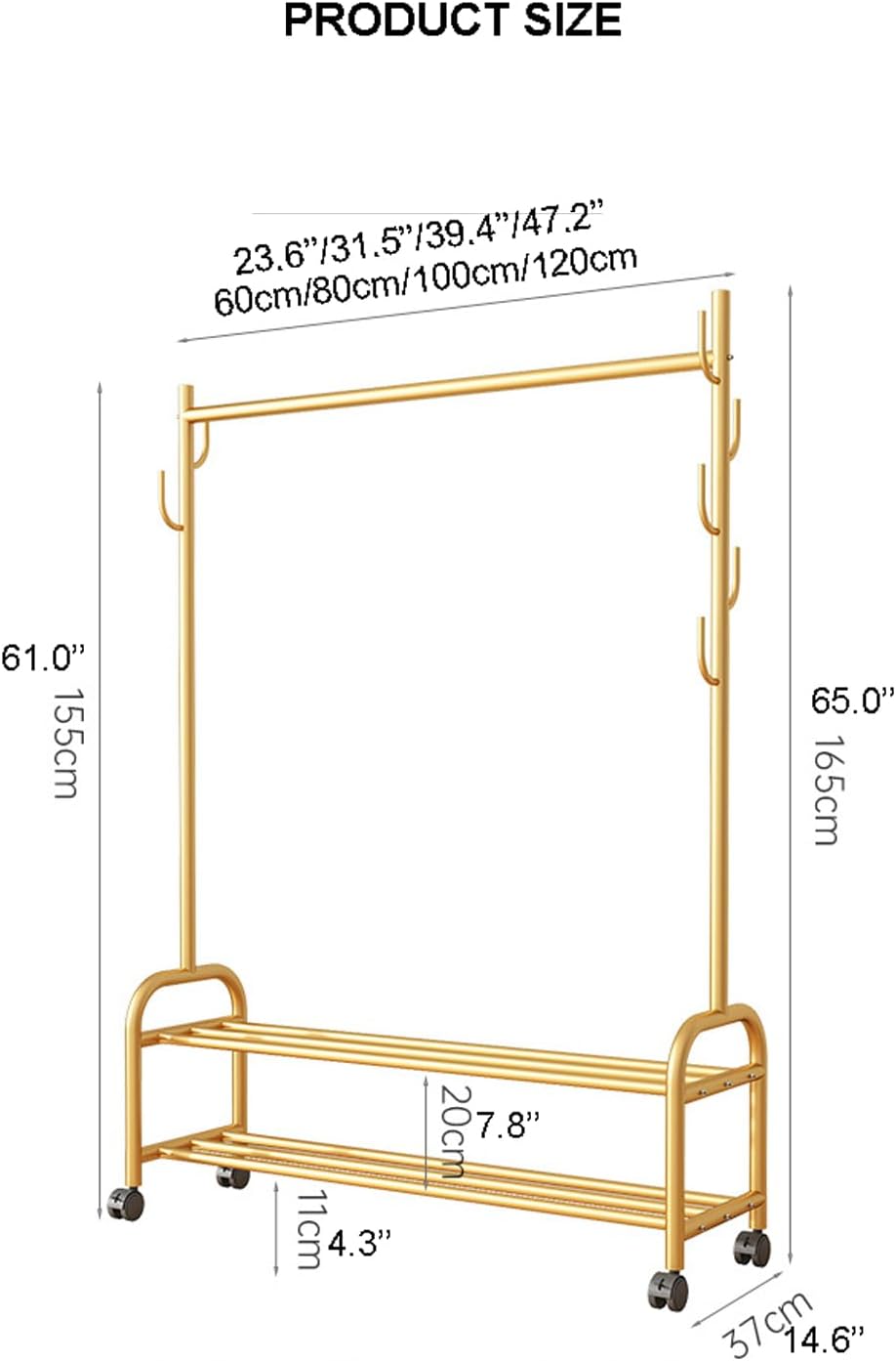 Heavy Duty Clothing Rack w/Wheels & 7 Side Hooks Metal Clothes Rack w/Double Layer Shoe Rack Rolling Garment Rack for Hanging Clothes Coats Shirts