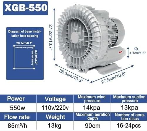 50Hz 220V Single Phase Regenerative Blower, High Efficiency Vortex Ring Blower for Waste Water Aeration, Fish Pond and Aquarium, 370W 0.50HP