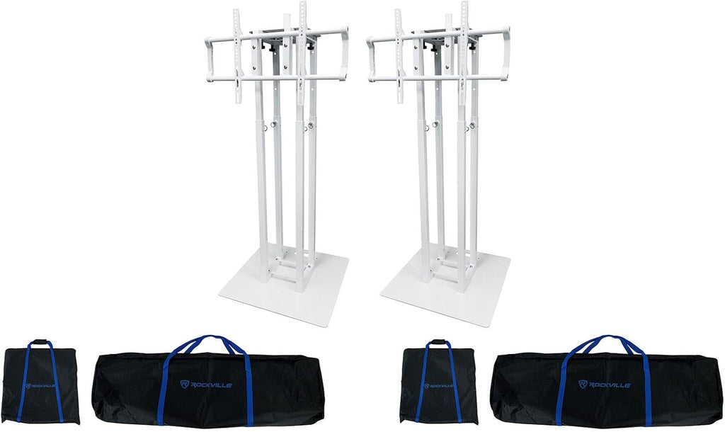 Rockville RTP33-TV Pro White Totem Stand 220 lbs DJ Speaker/Lighting/TV Mount, Detachable TV Mount, Adjustable 39-69 inch Height, Black/White Scrims, for DJs and Event Planners, 2-Piece