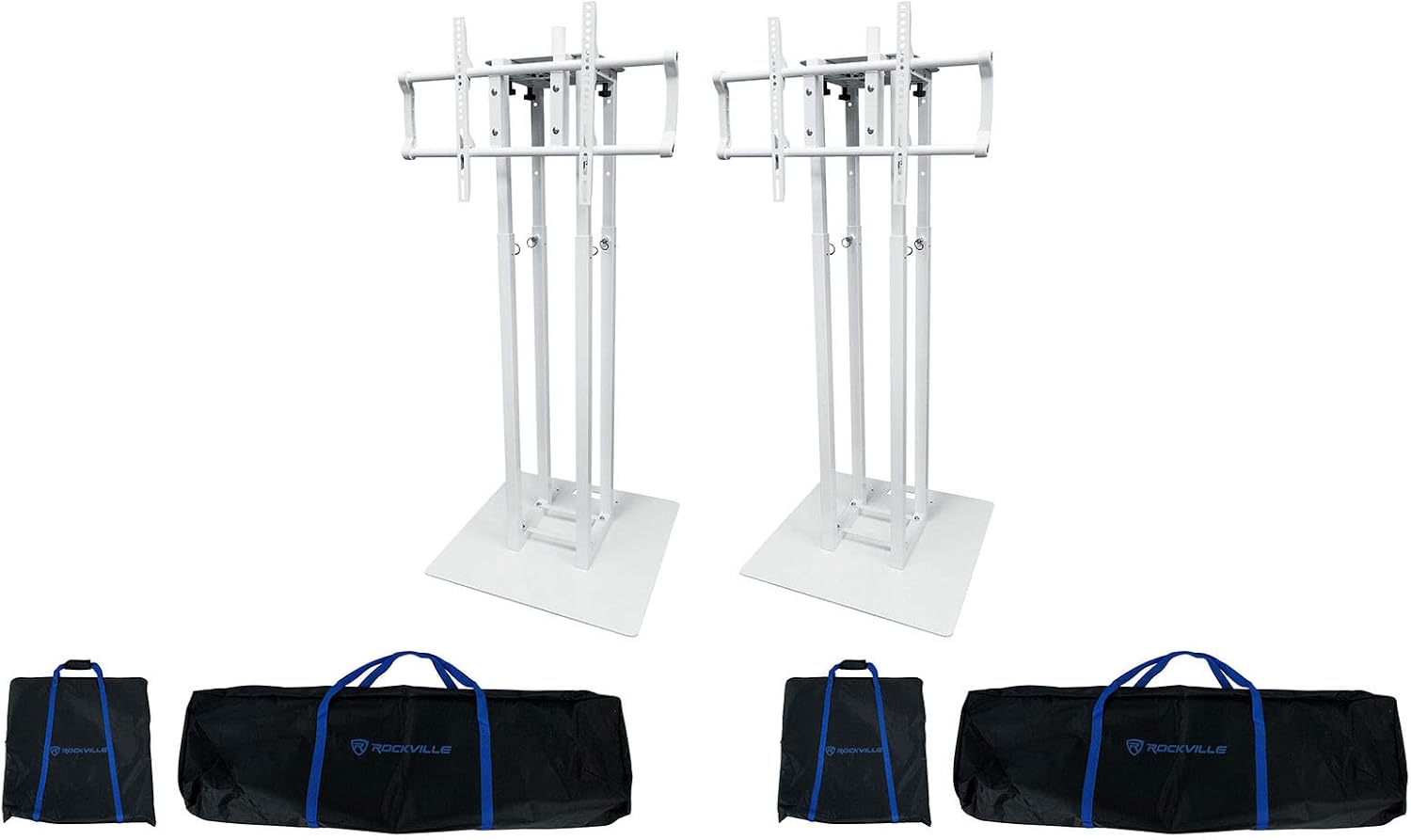 Rockville RTP33-TV Pro White Totem Stand 220 lbs DJ Speaker/Lighting/TV Mount, Detachable TV Mount, Adjustable 39-69 inch Height, Black/White Scrims, for DJs and Event Planners, 2-Piece