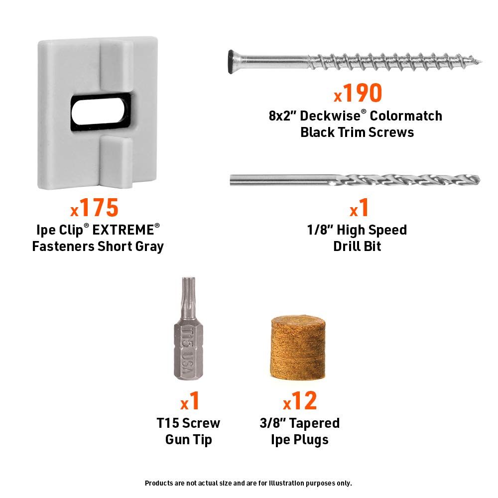 DeckWise (Grey) Ipe Clip Extreme Hidden Deck Fasteners, 3/32' Spacing, Includes Stainless Steel Black #8x2 Trim-Head Screws for 100 Sq. Ft. of AD Hardwood or Thermal Wood Decks (175 ct. Kit)