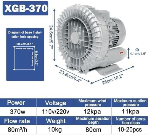 50Hz 220V Single Phase Regenerative Blower, High Efficiency Vortex Ring Blower for Waste Water Aeration, Fish Pond and Aquarium, 370W 0.50HP