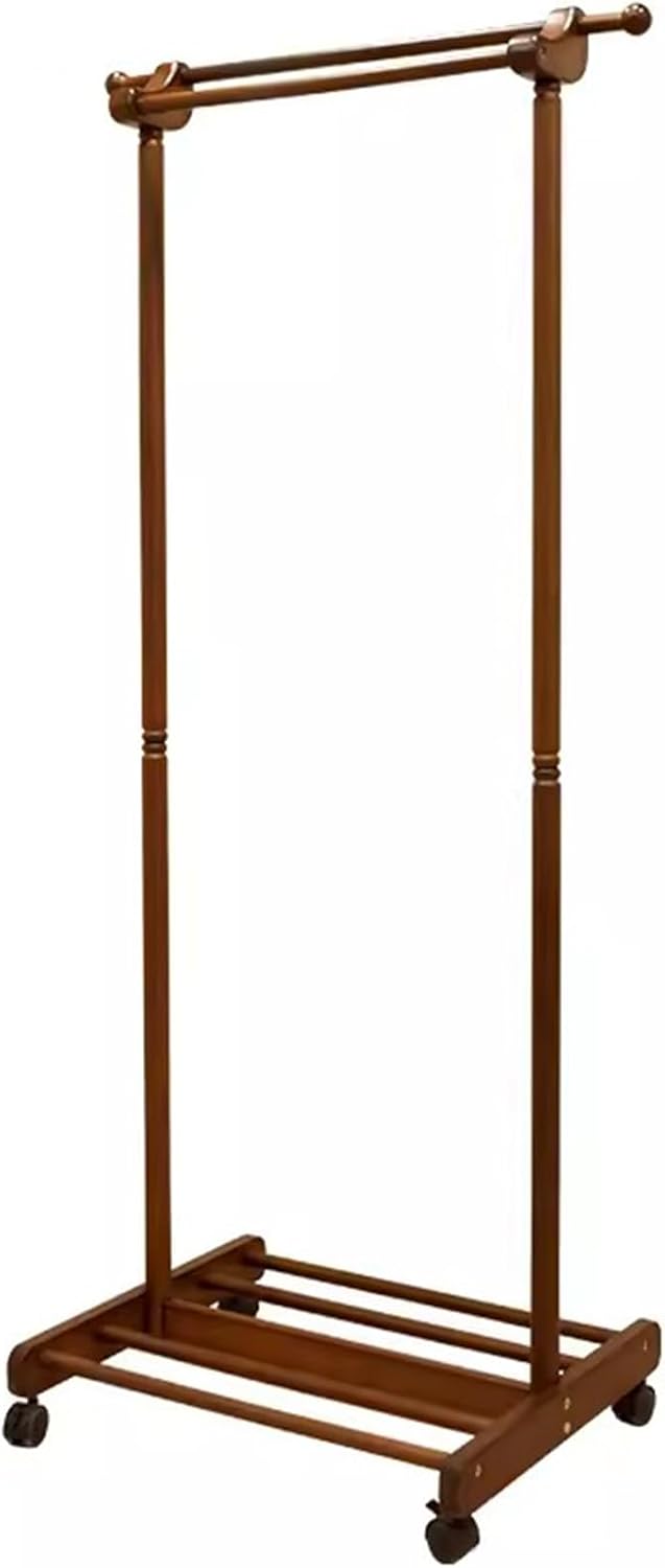 Heavy duty Garment rack Double Rail Clothing Rack For Hanging Clothes, Freestanding Solid Wood Coat Rack With Shelves And 2 Hooks, Space Saving Clothes Organizer For Bedroom And Living Room (Walnut C