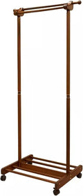 Heavy duty Garment rack Double Rail Clothing Rack For Hanging Clothes, Freestanding Solid Wood Coat Rack With Shelves And 2 Hooks, Space Saving Clothes Organizer For Bedroom And Living Room (Walnut C