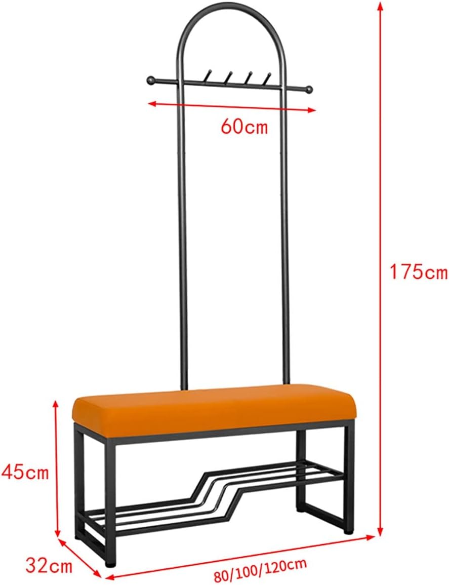 Freestanding Garment Rack with 6 Hooks Coat Rack with Shoe Shelf Bench Hat Bag Hall Tree Hanger for Narrow Hallway and Bedroom/Orange/100Cm