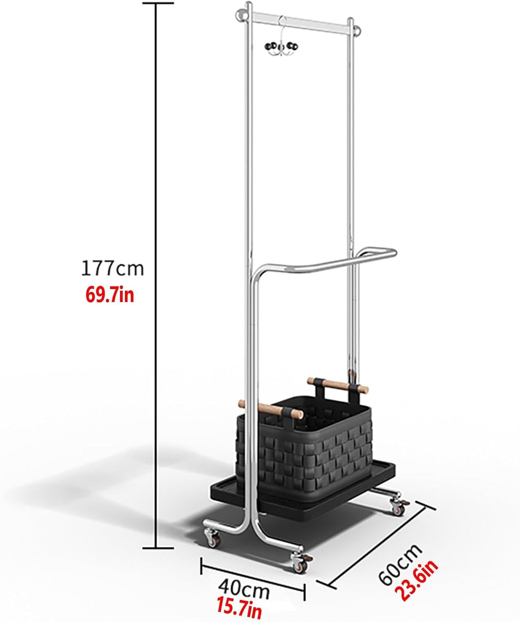 Double-Rod Stainless Steel Garment Rack,Clothes Racks With 4 Wheels,Portable,Solid Wood Shelf At Bottom,Can Hang Coats,Dresses,Shirts,Bags,Scarves(60cm/23.6in)