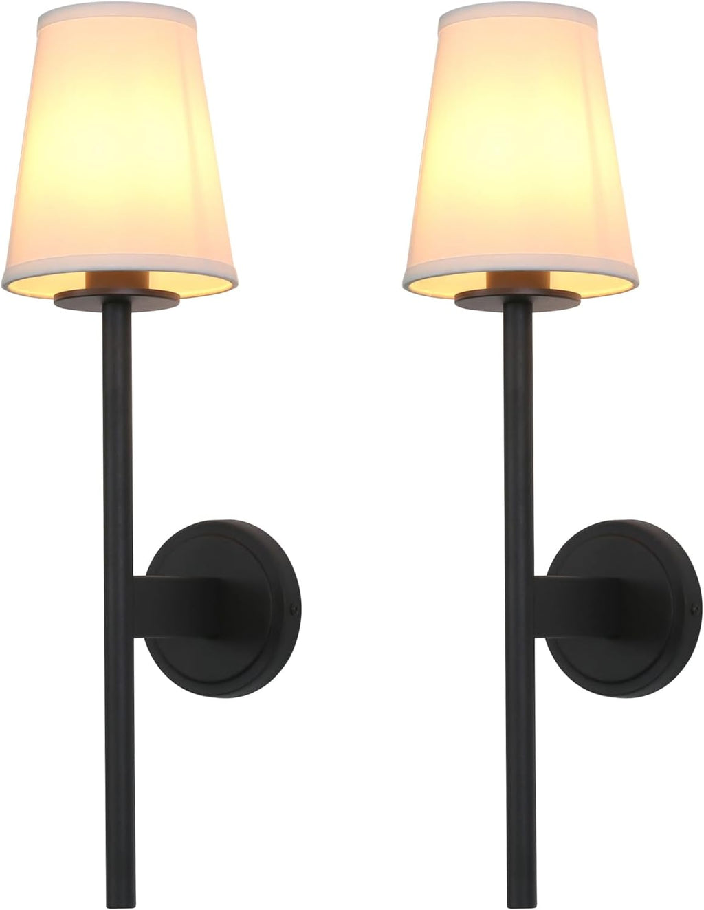 PERMO Set of 2 Modern Classy Vintage Wall Sconce with Flared White Textile Lamp Shade Living Room Bedside Reading Fireplace Area Wall Light Fixture (Black)