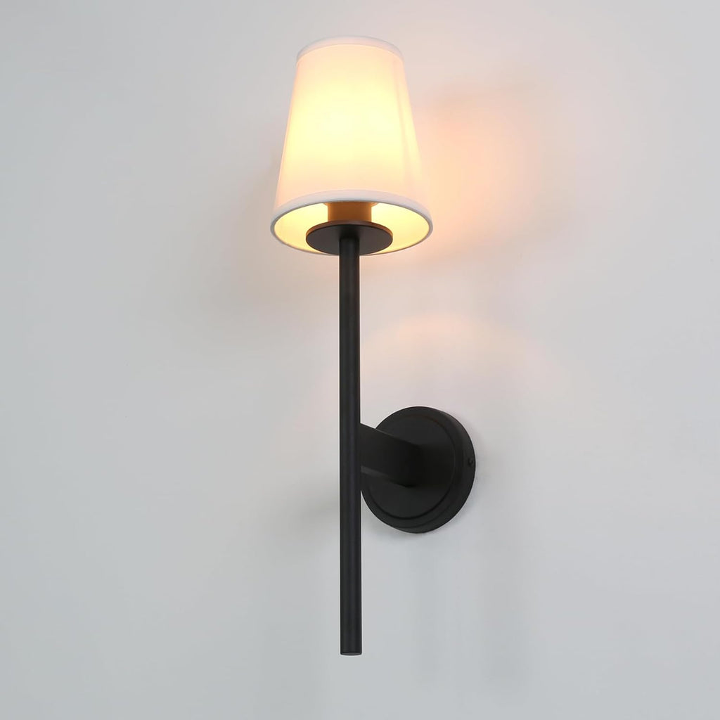 PERMO Set of 2 Modern Classy Vintage Wall Sconce with Flared White Textile Lamp Shade Living Room Bedside Reading Fireplace Area Wall Light Fixture (Black)