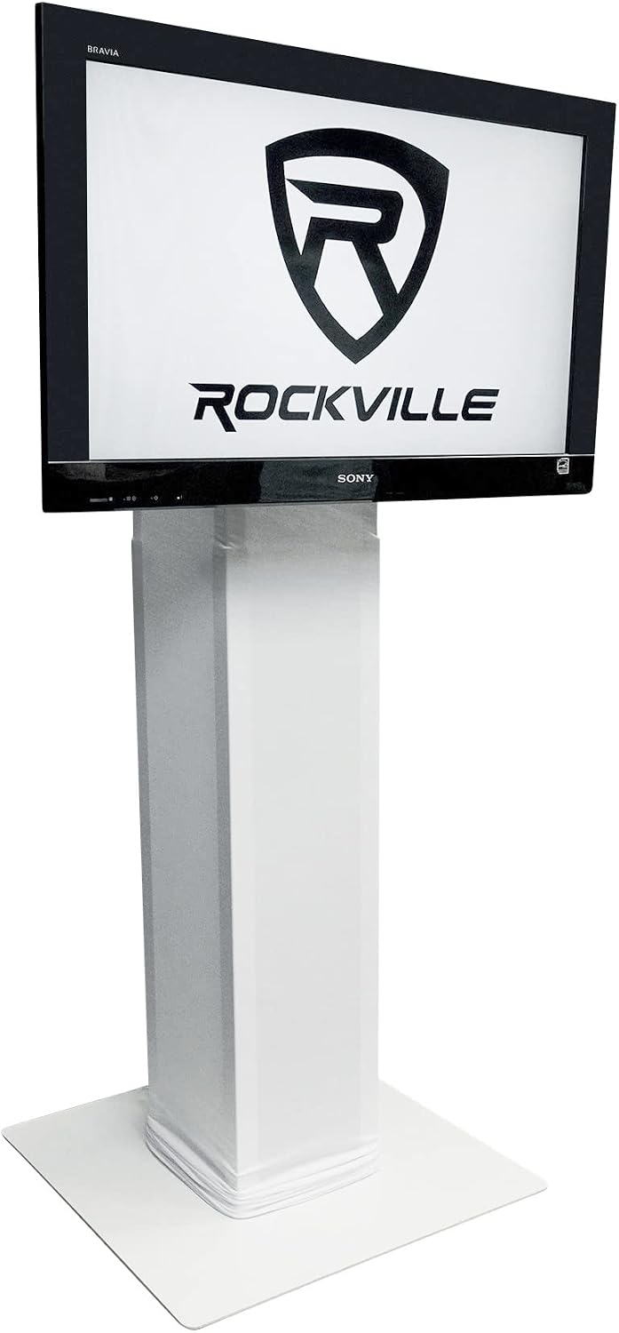 Rockville RTP33-TV Pro White Totem Stand 220 lbs DJ Speaker/Lighting/TV Mount, Detachable TV Mount, Adjustable 39-69 inch Height, Black/White Scrims, for DJs and Event Planners, 2-Piece