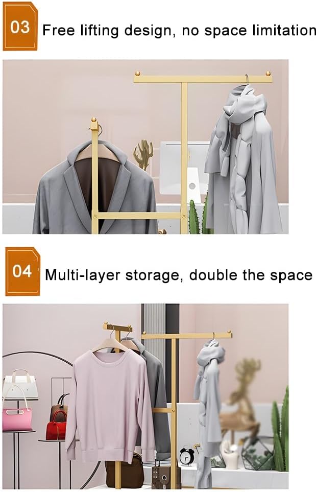 Double Rail Freestanding Garment Rack, Metal Iron Floor-Standing Lifting Clothes Hanger with Adjustable Height, Freestanding Clothing Store Display Rack, for Retail Boutique(Gold)