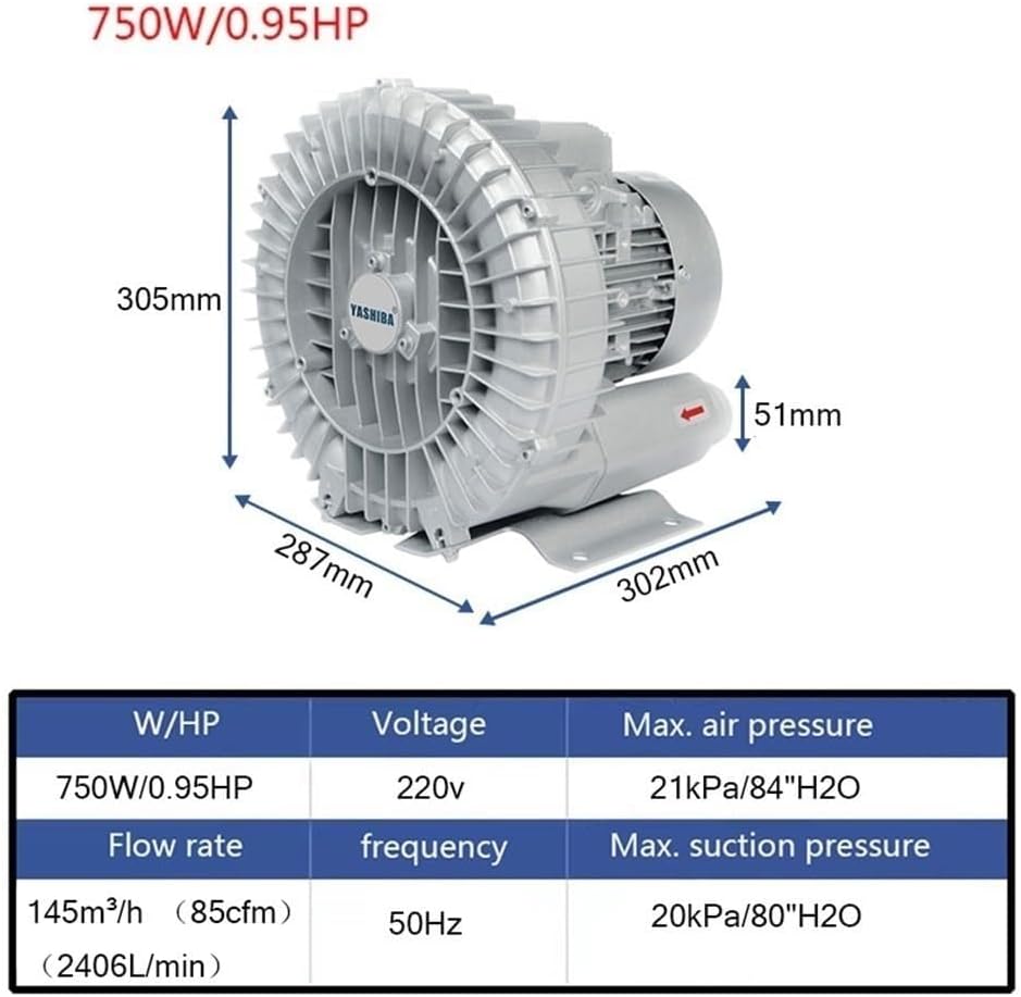 High Pressure Vortex Ring Blower, Regenerative Air Blower for Sewage Aeration, Aquarium and Fish Pond, 220V 50Hz, Efficient Air Blowing and Suction System, 0.16HP to 1.49HP