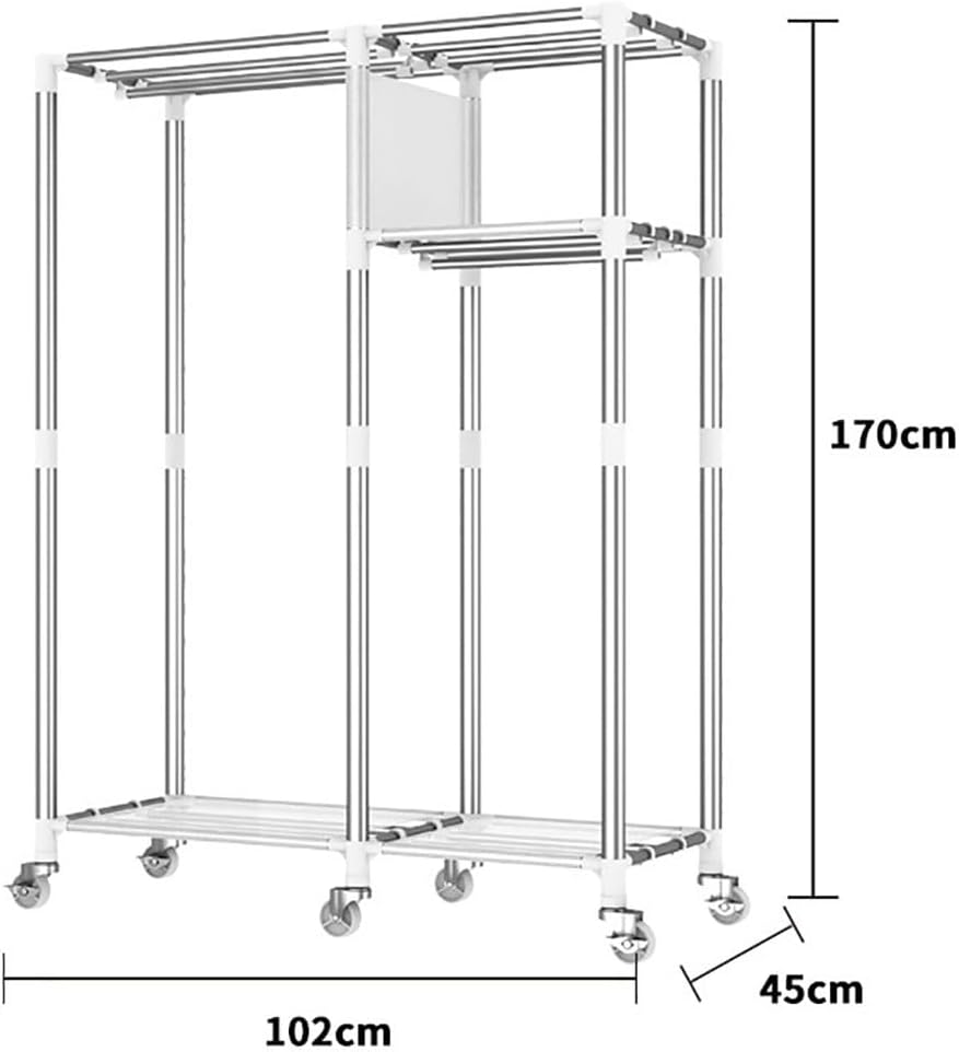 Rolling Garment Rack With Cover And Wheels Metal Clothing Rack For Hanging Clothes Freestanding Wardrobe Closet With 2 Shelves & 2 Hanging Rods For Bedroom (Color : A, Size : 102x45x170cm)
