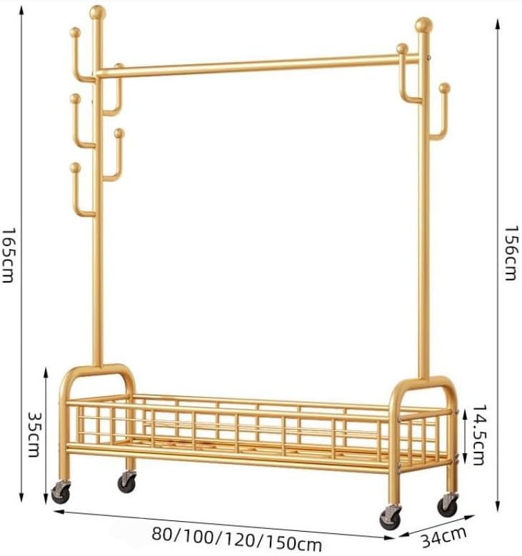 Clothes Rack, Garment Rack On Wheels,Sturdy Metal Frame for Hanging Clothes Such As Coats、Skirts、Shirts、Sweaters、Shoes、Bags、Scarves、etc,Gold Color，Golden 2 80cm