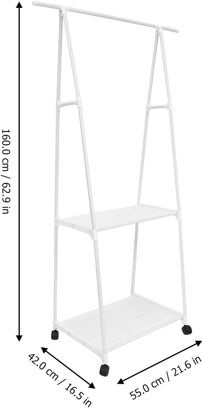 Floor Standing Garment Rack with Wheels Sturdy Clothes Organizer Shelf for Bedroom Storage White Iron Art Multifunctional Hanging Rack for Pants Sweaters Shirts Shoes Bags
