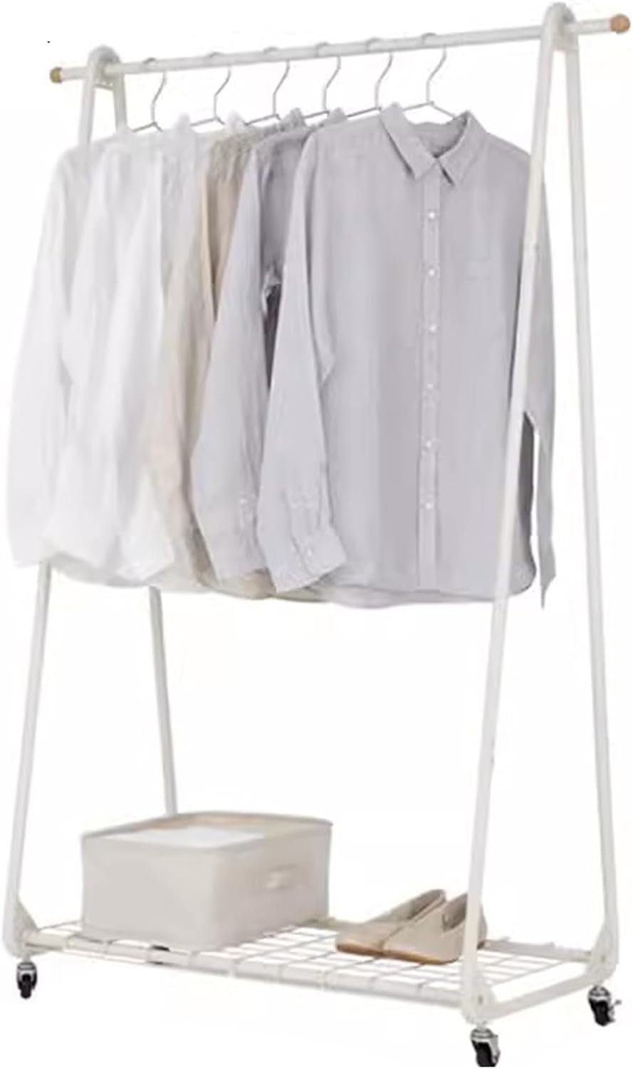 Heavy duty Garment rack 2-in-1 Metal Clothing Rack With Storage Rack, Portable Clothes Organizer Stand On Wheels, Freestanding Coat Rack For Bedroom, Laundry Room And Living-room, White, 83X46X147CM