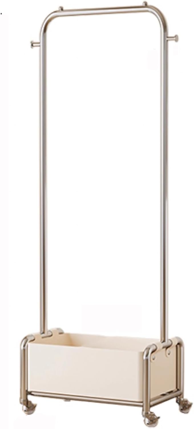 Heavy duty Garment rack Freestanding Coat Rack With Wheels, Metal Clothing Racks with Removable PU Storage Box And 2 Hook, Space-saving Clothes Organizer For Entrance, Bedroom (White 80X35X173CM)