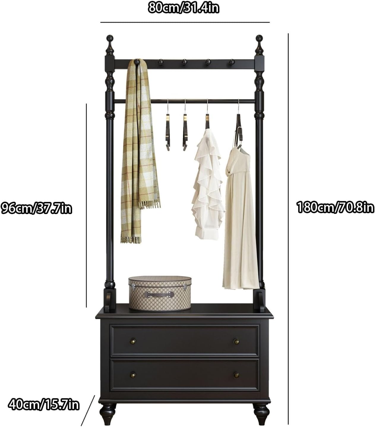 Solid Wood Clothing Rack, Clothes Rack with 2 Drawers, Floor-standing Garment Racks, for Hanging Shirts, Jackets, Coat Hanger Stand for Bedroom Entryway(White)