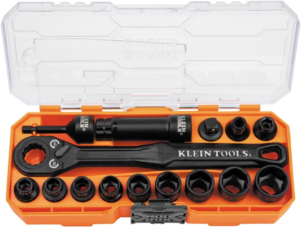 Klein Tools 15-Piece Impact Socket Set with Case, Adapter, Bits and Klein Tools 6-Piece Ratcheting Impact Nut Driver Set