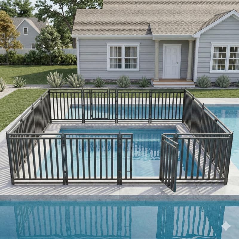 Metal Swimming Pool Fence 36ft (L) × 32in (H), 14 Panels & 2 Gates, In-Ground Pool Safety Fence with Reinforced Stakes, for Patios & Gardens, Black-Silver