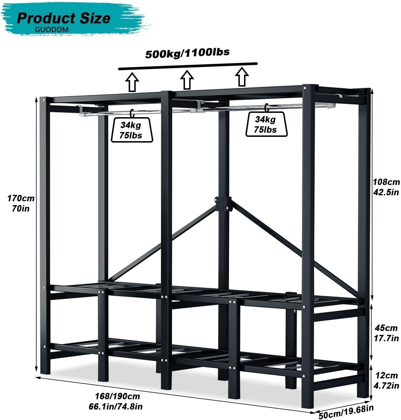 Portable Wardrobe Closet Rack - 1100lbs, Foldable Portable Closet Wardrobe Rack, Heavy-Duty Foldable Garment Rack with Cover，Freestanding Clothes Organizer System(168 * 50 * 170cm)