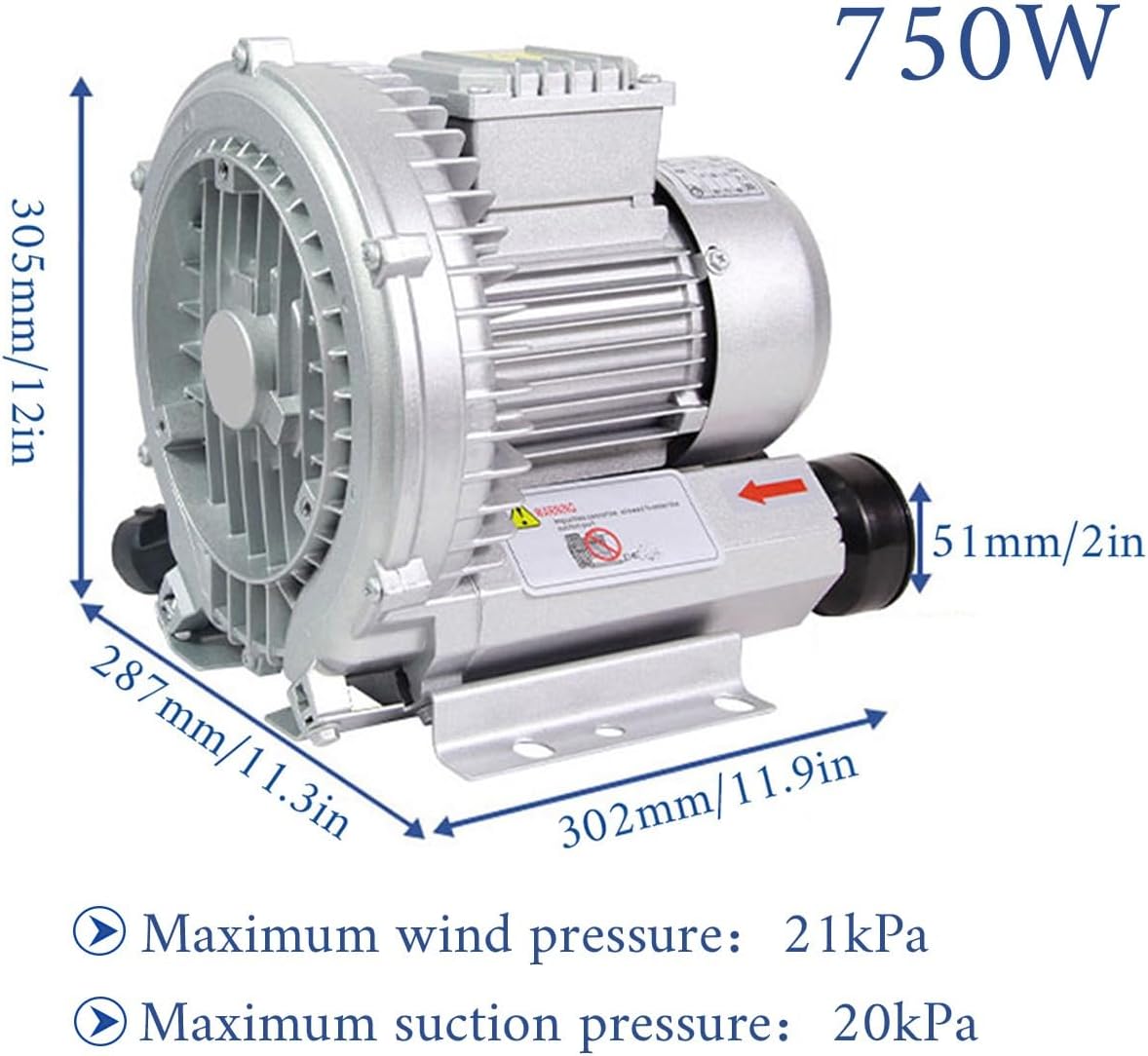 Vortex Ring Blower, Industrial Regenerative Blower for Sewage Aeration, Large Airflow High Pressure Centrifugal Fan, Suitable for Aquaculture, Food, Aquarium, Fish Pond, 250W