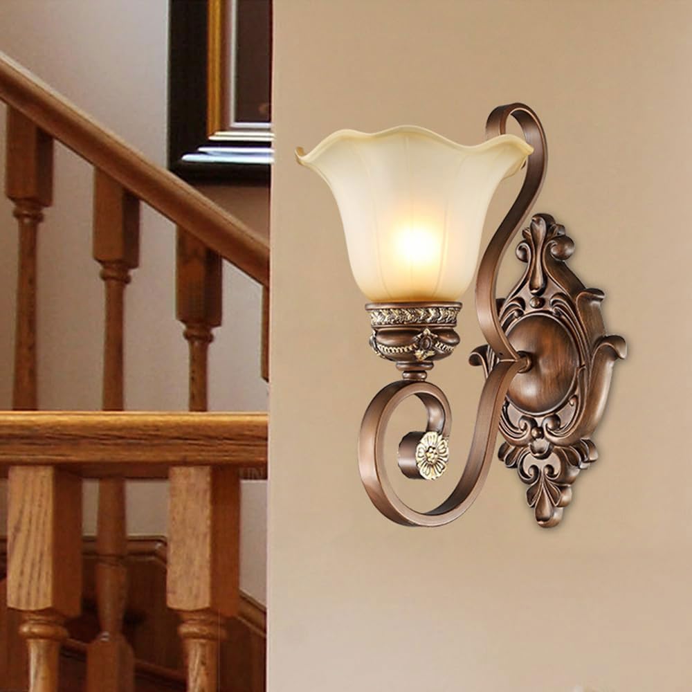 Vintage Floral Wall Sconces Set of 2,Resin Iron Lampshade Old Style Lamp Sconce Wall Decor with Glass Shades for Living Room Bedroom Hallway (2 Pack)