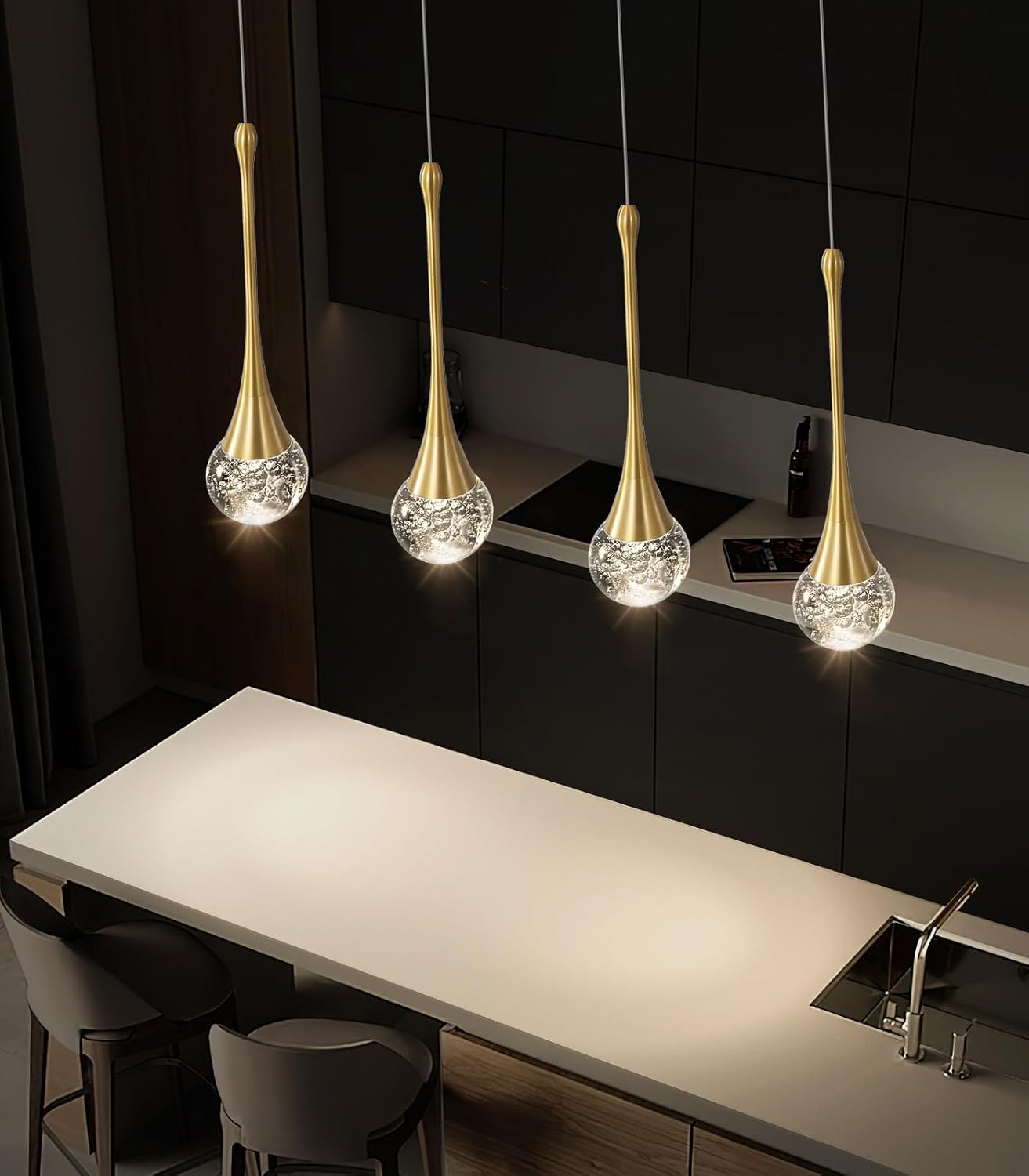 4-Lights Modern Pendant Lights for Kitchen Island LED Dimmable Crystal Glam Ceiling Pendant Lighting Chandelier for Dining Room Hallway Bedroom Gold