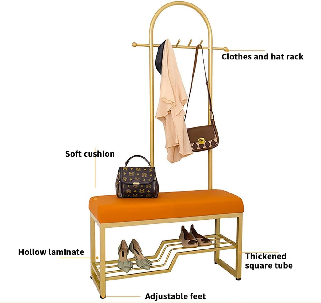 Freestanding Garment Rack with 6 Hooks Coat Rack with Shoe Shelf Bench Hat Bag Hall Tree Hanger for Narrow Hallway and Bedroom/Orange/100Cm