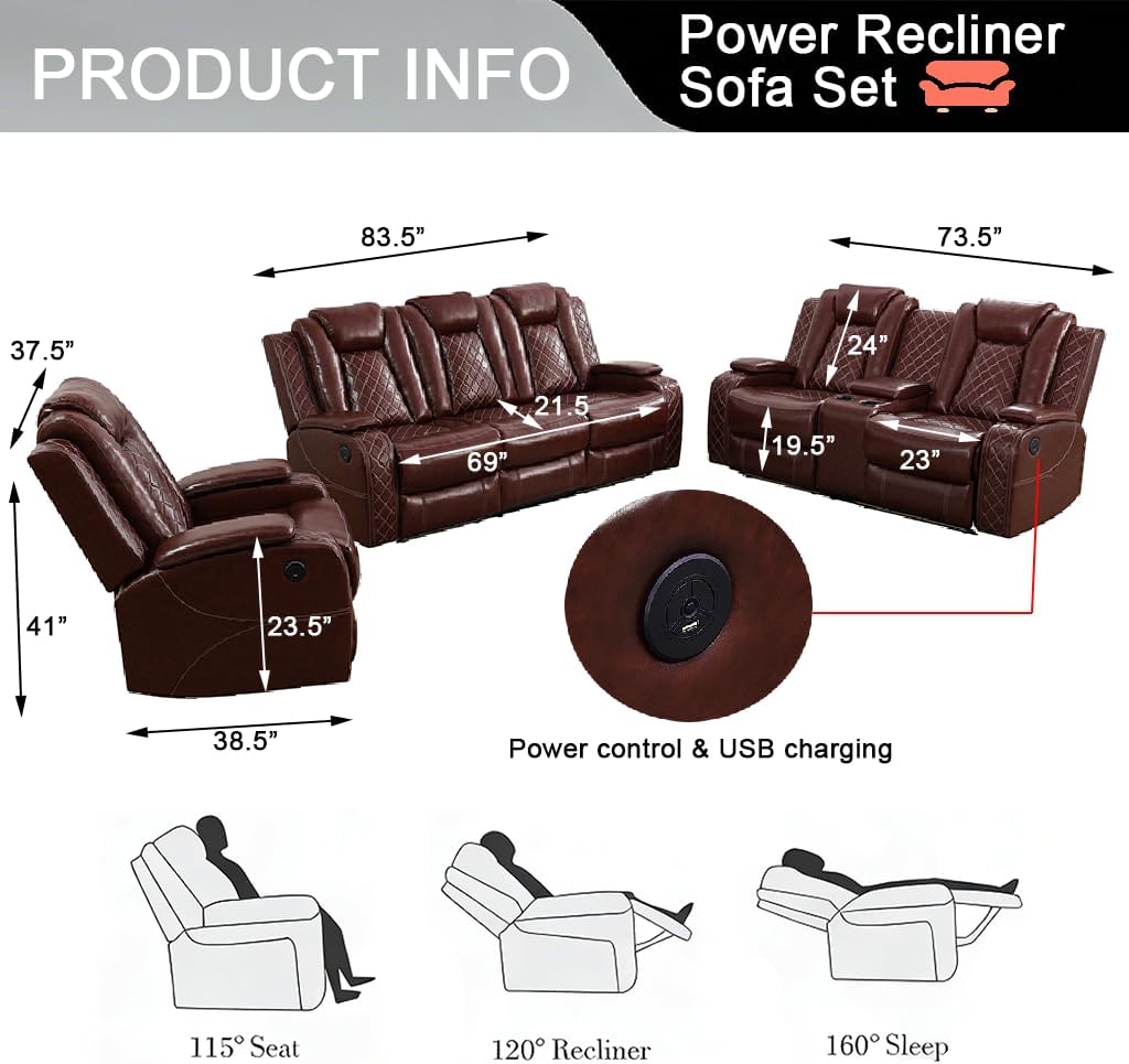 Pon Living Luxurious Leather Reclining Sofa Set with LED, Power Recliner Sofa Set, Living Room Furniture Sets with Cup Holders/USB Port & Storage Consoles for House/Home Theater