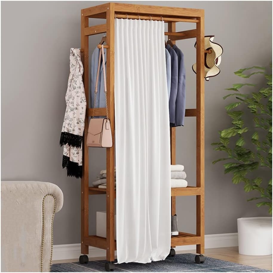 Heavy Clothes Rails Shoe Bench Coat Stand Rack Hanger Wooden Coat Rack Freestanding Garment Rack With 2 Storage Shelves And 4 Hooks, Coat Rack With Curtain On Wheels For Entryway, Hallway, B