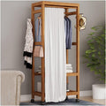Heavy Clothes Rails Shoe Bench Coat Stand Rack Hanger Wooden Coat Rack Freestanding Garment Rack With 2 Storage Shelves And 4 Hooks, Coat Rack With Curtain On Wheels For Entryway, Hallway, B