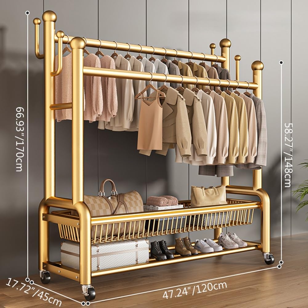 Portable Multi-Functional Bedroom Double Rods Garment Rack, Freestanding Metal Clothing Hanger Rack with Storage Shelf and Hanging Hooks, for Coats, Shirts, Dress