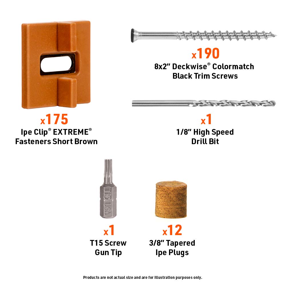DeckWise (Brown) Ipe Clip Extreme Hidden Deck Fasteners, 3/32' Spacing, Includes Stainless Steel Black #8x2 Trim-Head Screws for 100 Sq. Ft. of AD Hardwood or Thermal Wood Decks (175 ct. Kit)