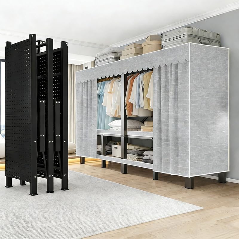 59in Heavy Duty Clothes Rack with Cover Foldable Covered Clothes Rack for Hanging Clothes Portable Wardrobe Closet System Freestanding Coat Storage Garment Racks for Bedroom (Grey, 59in)