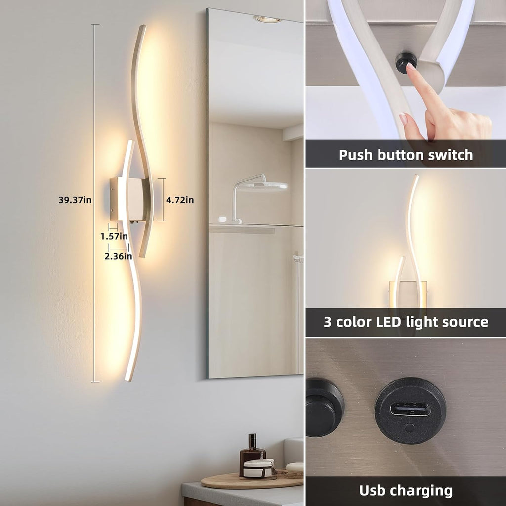Battery Powered Wall Sconces Set of 2, Nickel 39' LED Dimmable Wall Sconce with Remote Control/Timer/Memory, USB Rechargeable Wall lights for Living Room, Bedroom, Hallway Wireless scones lighting