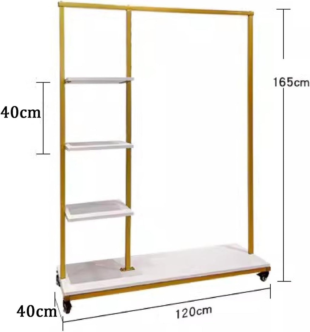 Metal Clothes Garment Racks with 4 Wood Storage Shelves, Heavy Duty Free-Standing Clothing Rack Large Closet Organizer for Boutique 360° Universal Wheels Easy to Move(120x40x165cm)