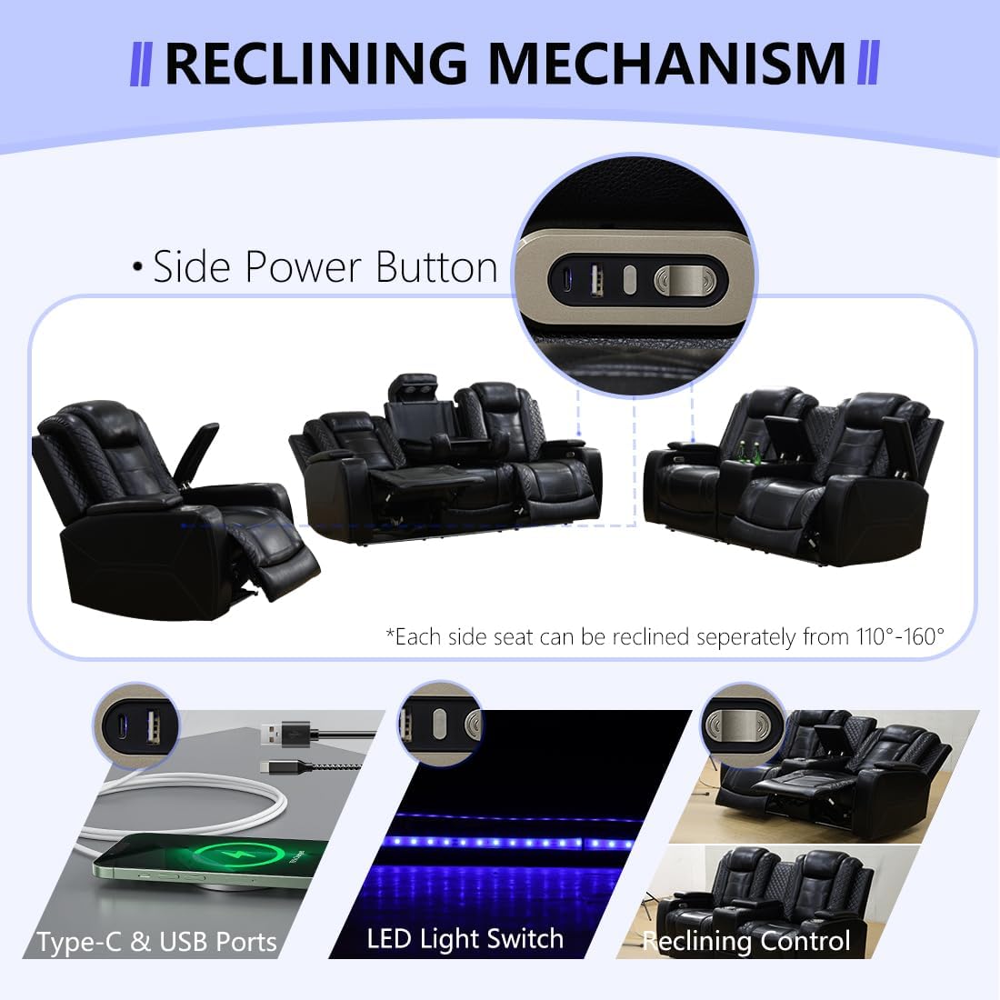 Leather Power Recliner Sofa Set, Living Room Furniture Sets, 2 Piece Reclining Sofa Set with LED, Black Recliner Furniture with Arm Storage/Cup Holders/Charging Ports for Home Theater/Office