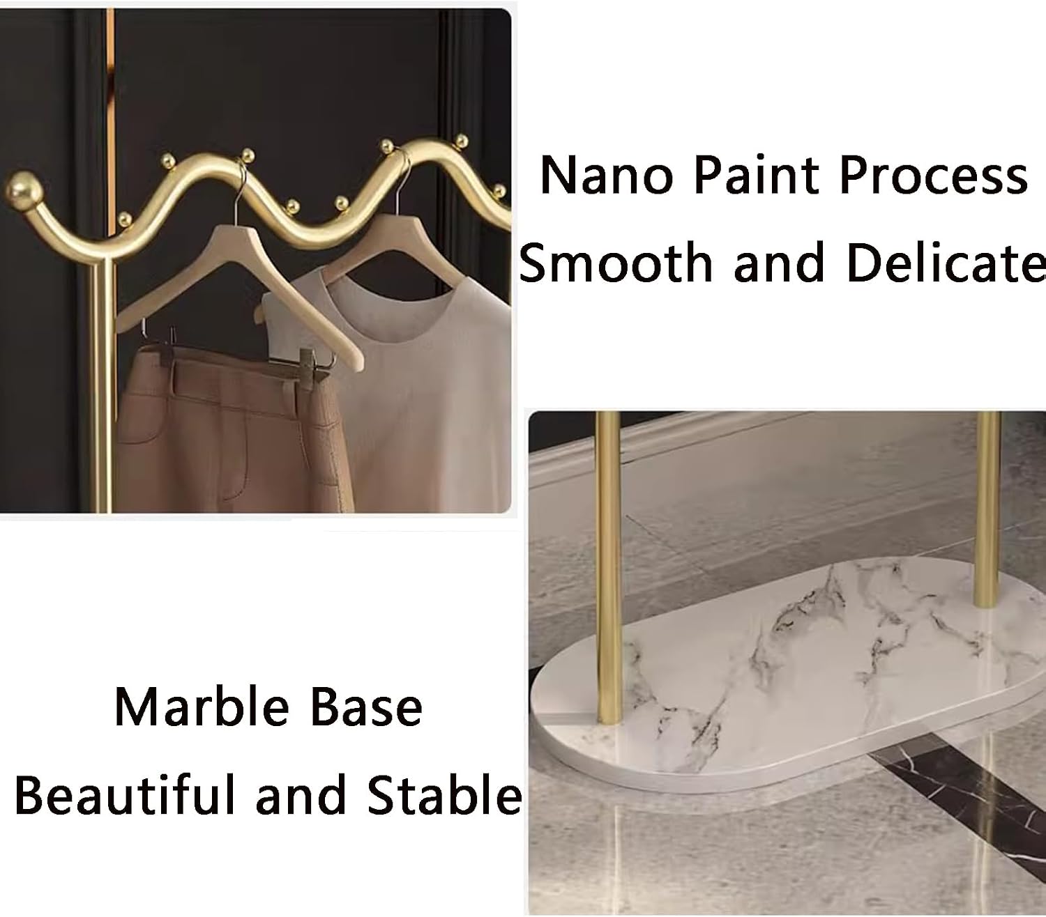 Heavy duty Garment rack Modern Metal Clothing Rack With Marble Base, Freestanding Coat Rack With Hanging Rod And 2 Hooks, Space Saving Clothes Organizer For Bedroom And Office, 50X30X170CM (Gold+whit