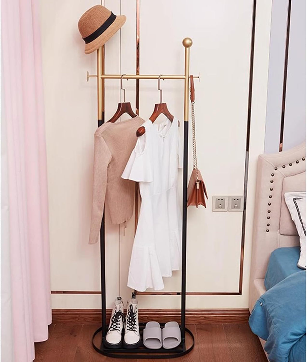 Heavy Duty Coat Rack, Garment Rack Freestanding Coat Rack with Shelves and 2 Hooks, 3-in-1 Metal Clothing Rack for Hanging Clothes, Space Saving Clothes Organizer for Hallway (Gold Black)