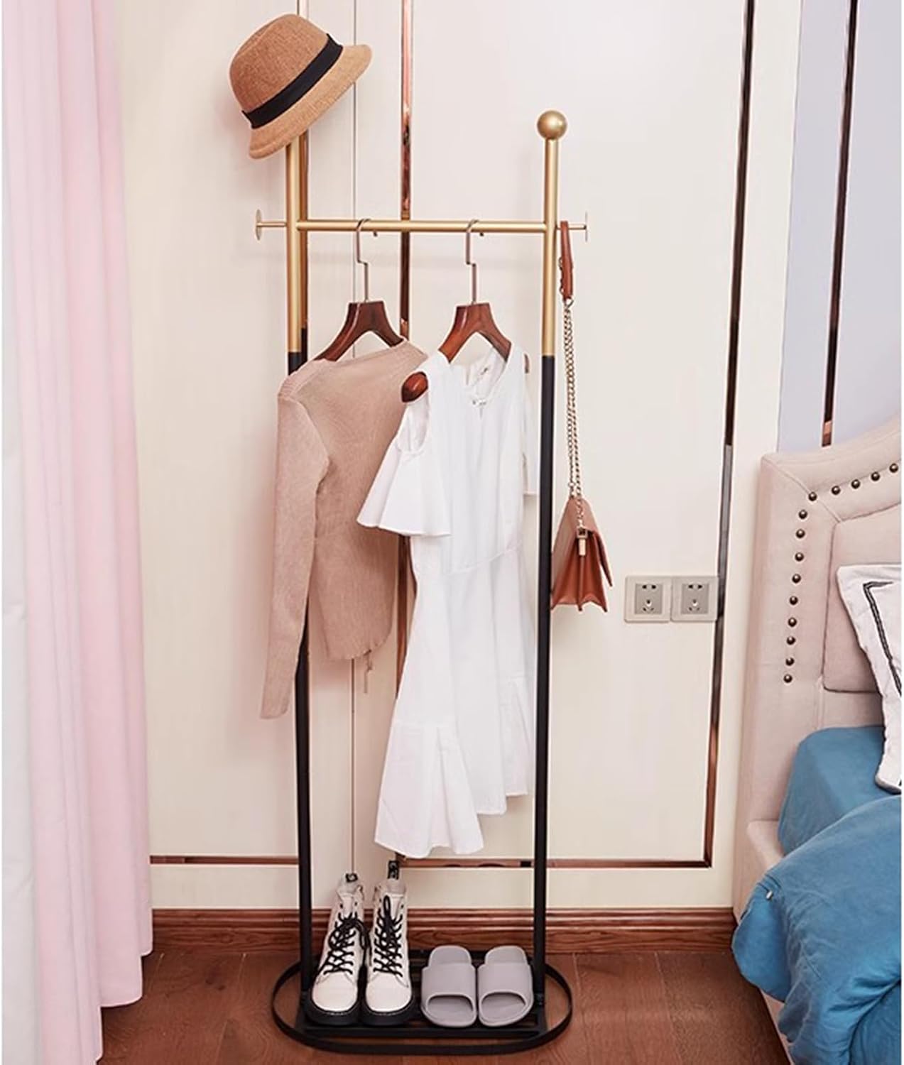 Heavy Duty Coat Rack, Garment Rack Freestanding Coat Rack with Shelves and 2 Hooks, 3-in-1 Metal Clothing Rack for Hanging Clothes, Space Saving Clothes Organizer for Hallway (Gold Black)