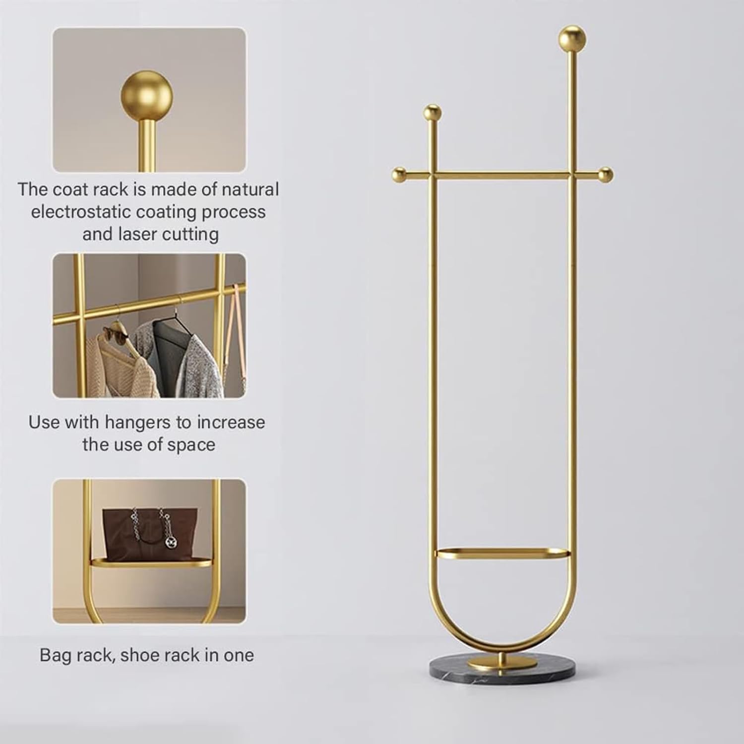 Heavy Duty Garment Rack Modern Gold Coat Racks Freestanding for Hanging Clothes,Heavy-Duty Metal Clothing Rack with Marble Base, for Bedroom, Living Room, Boutiques,12.6x74 Inches