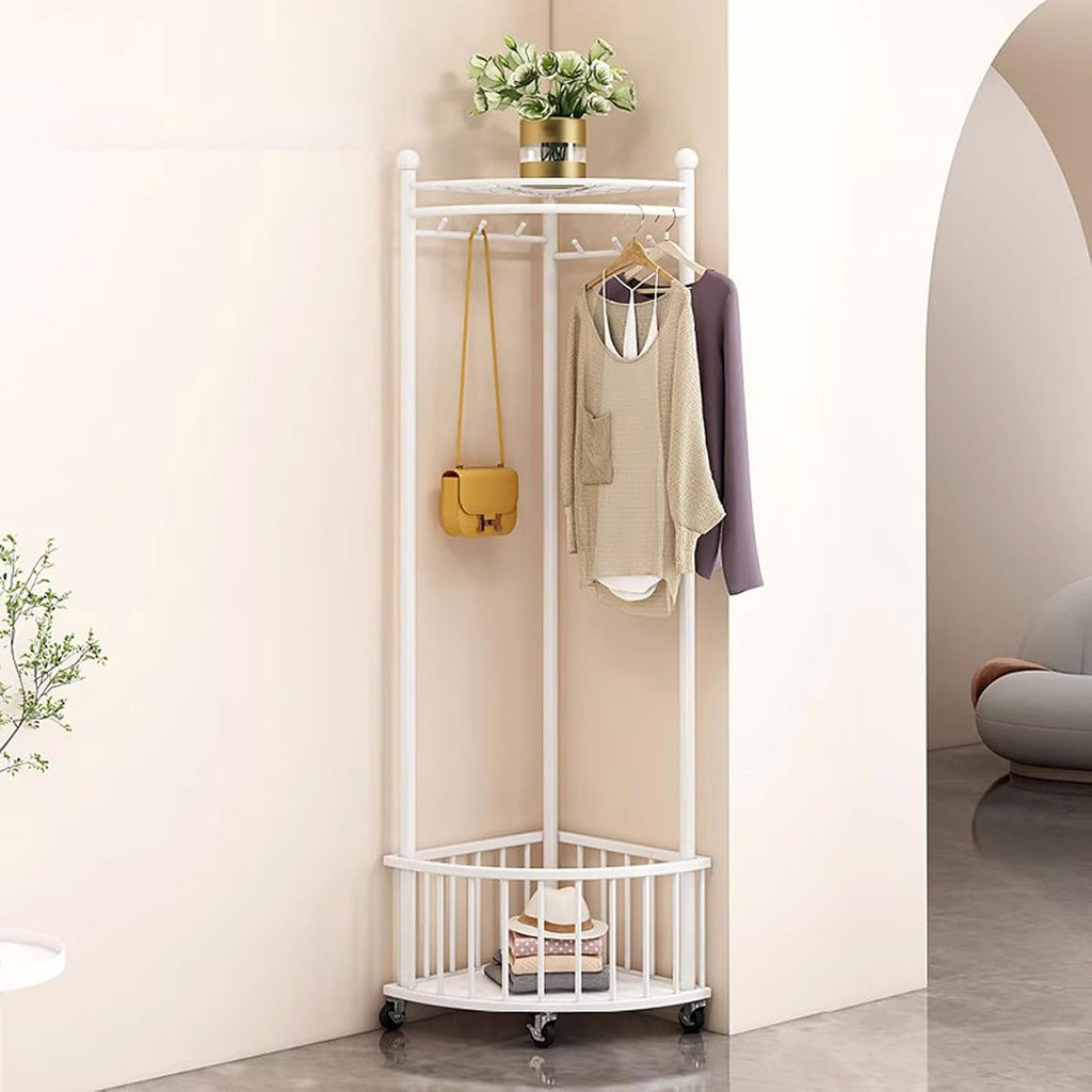 Standing Clothe Rack Corner Clothing Rack Free Standing Garment Hanging Rails Coat Rack Stand with Storage Basket/Wheel Portable Clothes Rack, for Dresses, Coats, Shirts (Color : White)