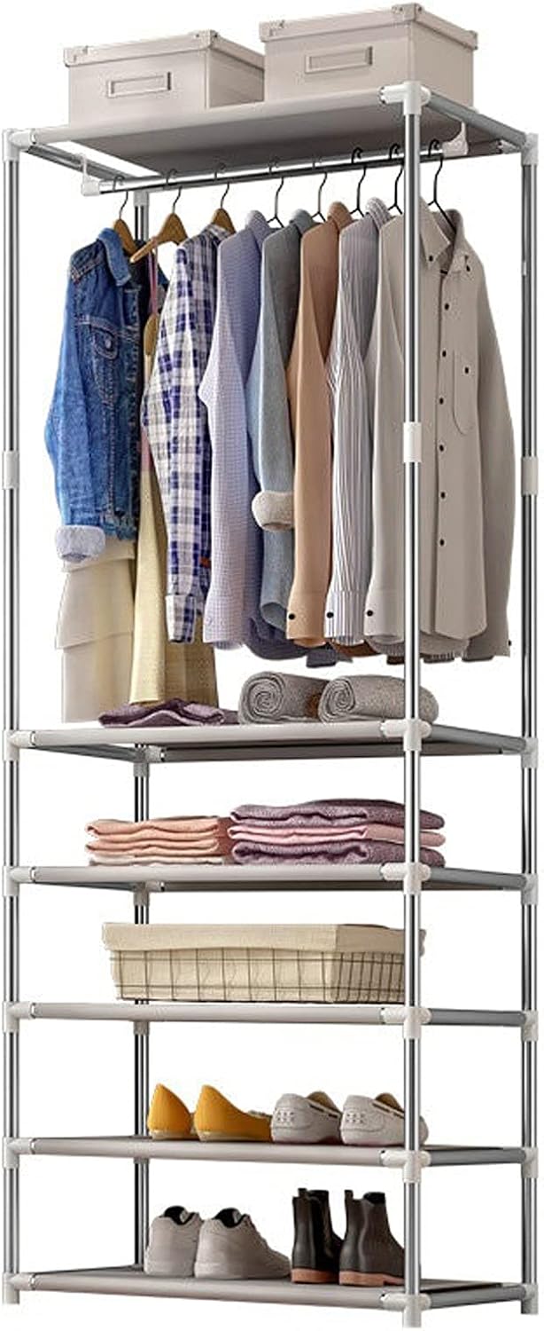 Clothes Organizer Free-Standing Closet Garment Rack Metal Rod Clothes Wardrobe Metal Rod Clothes Rack Closet Storage Organizer （Without Cover） Portable Closet
