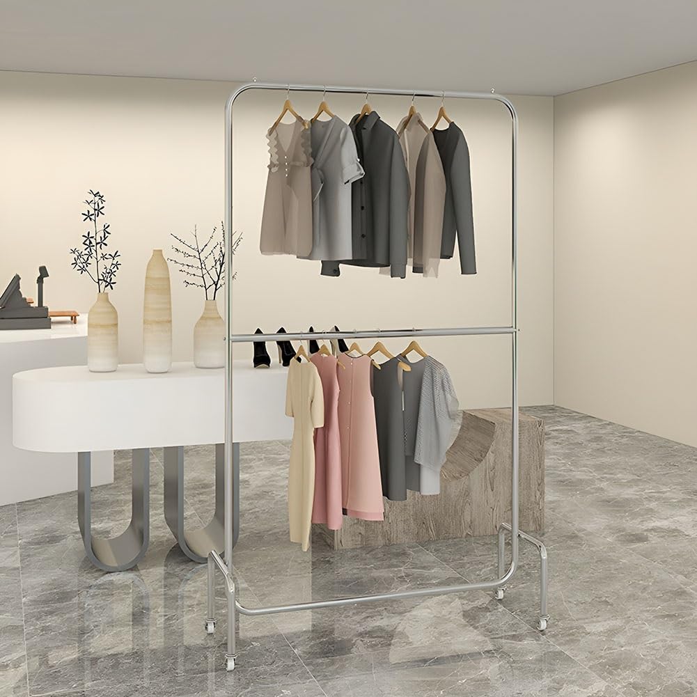Doubl Rod Clothes Rack with Wheels, Height-adjustable Center Pole, Silver Stainless Steel Garment Rack for Shirts, Coats, Jackets(100 x 40 x 170 cm)